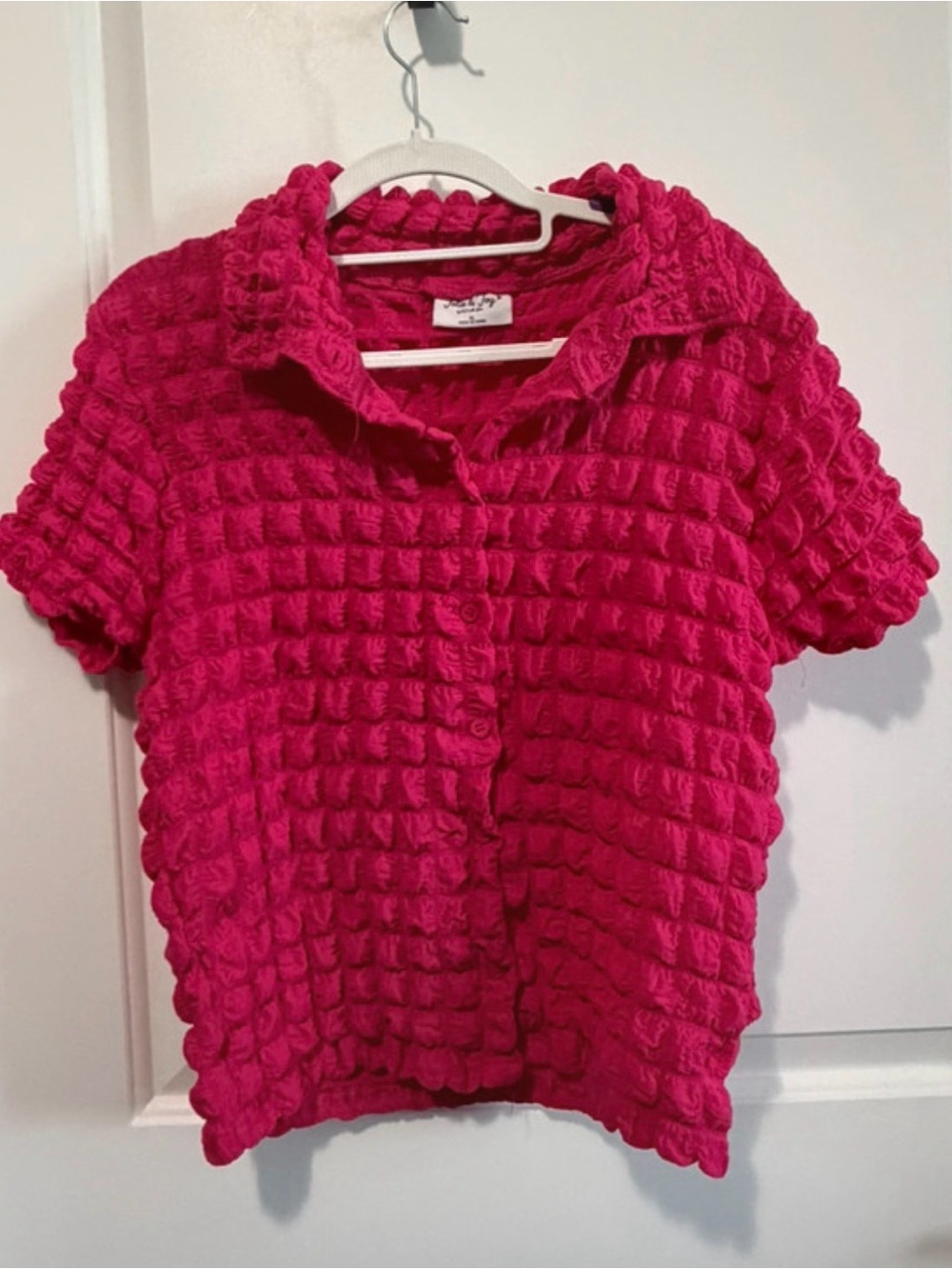 Textured Short-Sleeve Button-Up Blouse in Fuchsia